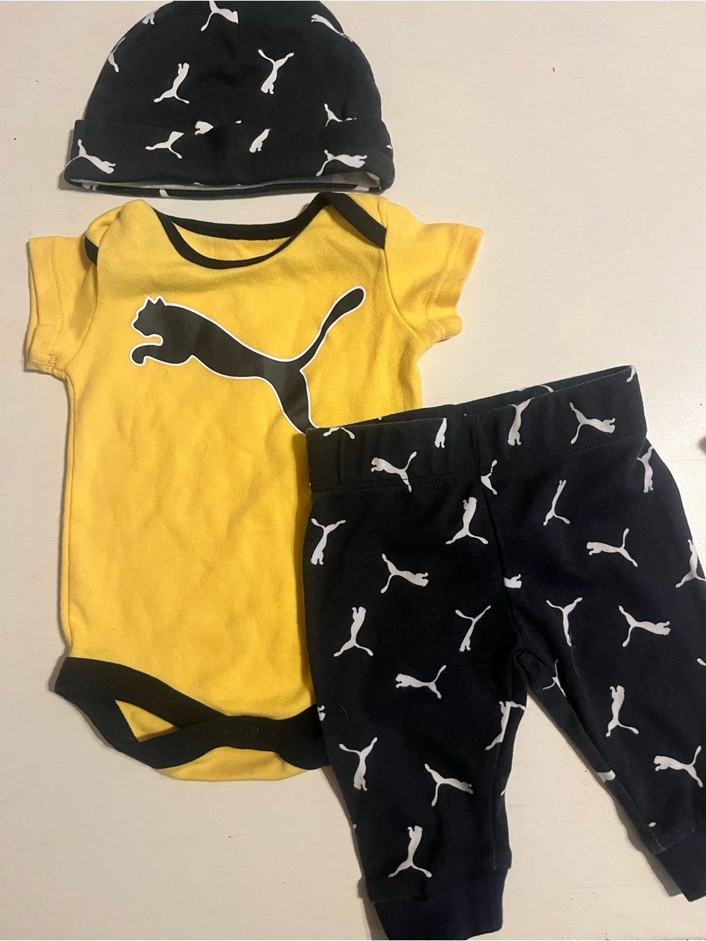 Puma Yellow & Black Baby Bodysuit Set with Logo Hat and Pants